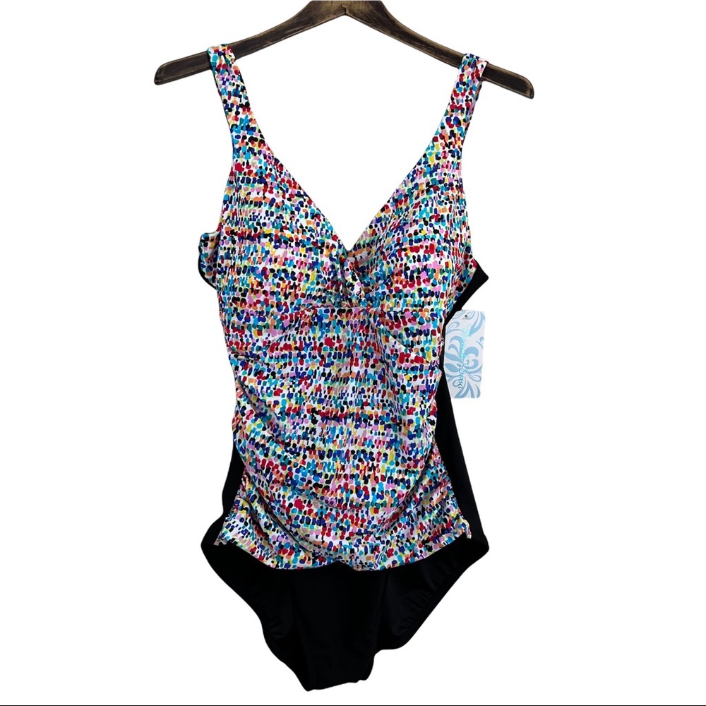 Beach Diva Multicolor One Piece Swim Suit Ruched Faux Wrap Lined Size 16